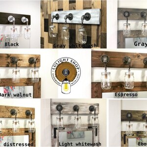 May include: Three mason jar light fixtures with a wood backing and metal pipes. The wood backing is available in 10 different colors: black, gray whitewash, gray, dark walnut, espresso, rustic distressed, light whitewash, and ebony. The text "LULIGHT SHOP" is visible in the center of the image.