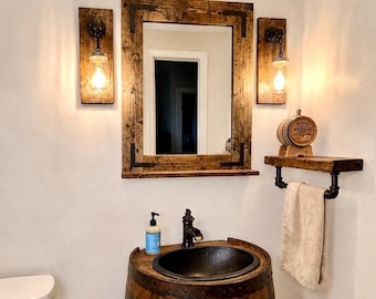 Rustic Distressed Mirror With a 3.5" Deep Bottom Shelf - Small Large Bathroom Mirror - Wood Framed Mirror - Wall Farmhouse Mirror