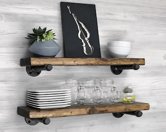 Wood Shelf 3.5" to 5.5" Deep, 19 Colors, Kitchen & Bathroom Farmhouse Wall Shelf, Thick 1.5" Storage Shelves, Home Remodel, Strong Brackets