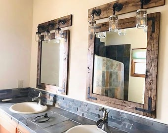 RUSTIC DISTRESSED Mirror With Oil Rubbed Bronze Front Corner Brackets, Farmhouse Bathroom Mirror, Vanity Mirror, Country Wall Mirror