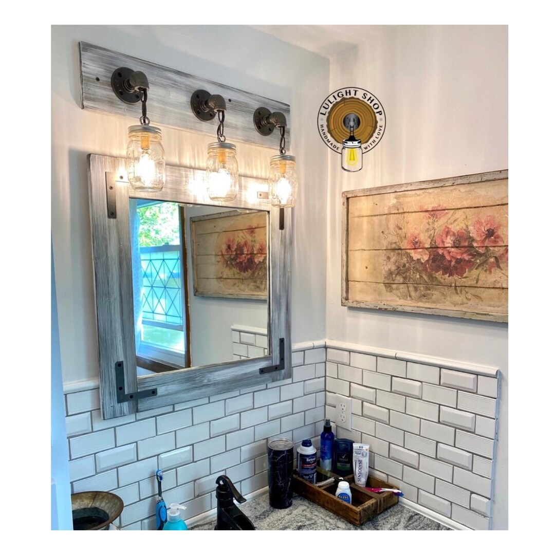 GRAY WHITEWASH Bathroom Set, Mason Jar Light Fixture and Mirror, Beach