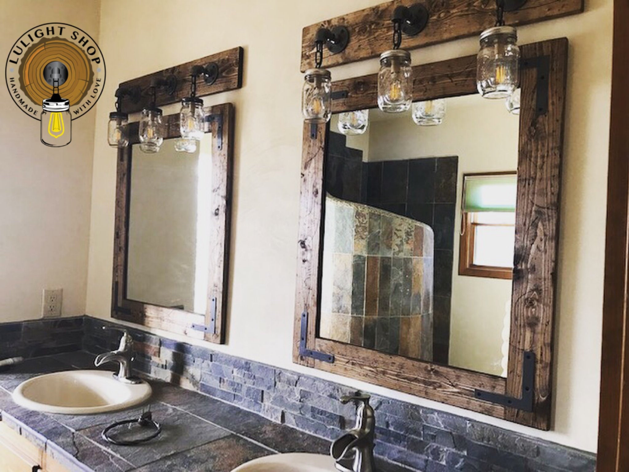 Rustic Distressed Mirror With Oil Rubbed Bronze Corner Rustic Distressed Mirror With Oil, Rustic Cottage Bathroom Mirrors