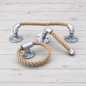 3-Piece Bathroom Accessory Bundle, Rope Toilet Paper Holder + Towel Bar + Towel Ring, Coastal Nautical Bathroom Decor, Beach Lake House Set