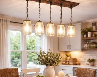 Rustic, Industrial, Farmhouse Style, Modern,Jar Chandelier Light, 4/5/6 Mason Jar Chandelier on Distressed Wood with Vintage Bulbs Optional
