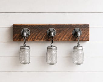 2 - 6 Jars Farmhouse Bathroom Lighting, Clear Glass, Industrial Rustic Wall Vanity Light, Bathroom Decor Wood Fixture, Over Mirror Pendant