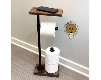 Toilet Paper Stand With Shelf and Extra Storage, 3 Rolls Paper Dispenser, Rustic Paper Holder, Industrial Pipe Wood Stand, Floor Stand TP
