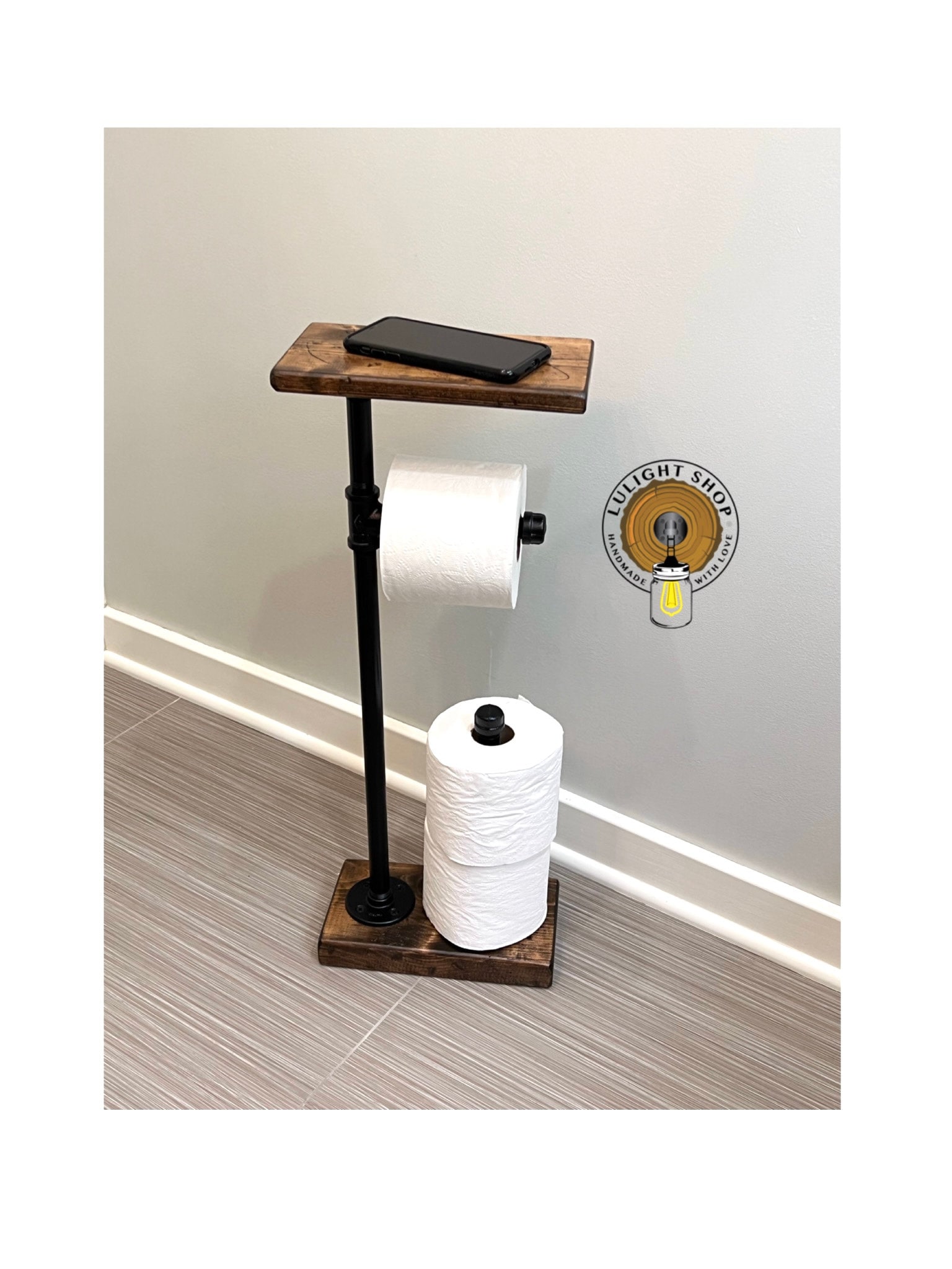 Toilet Paper Holder With Bamboo Top Shelf, Free Standing Black Toilet Paper  Stand, With Storage For 4 Spare Rolls