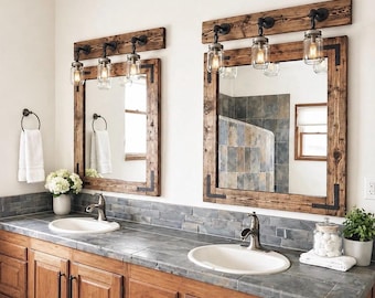 Rustic Distressed Wood Mirror With Oil Rubbed Bronze Brackets, Farmhouse Vanity Bathroom Mirror, Country Wall Mirror, Custom Sizes Available