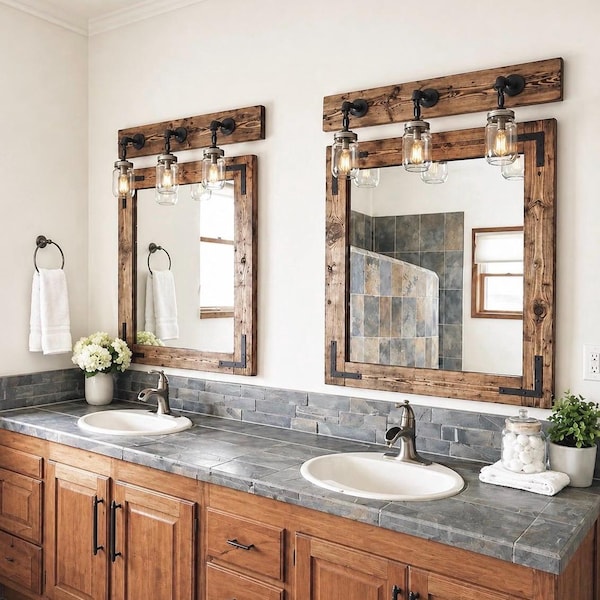 Rustic Distressed Wood Mirror With Oil Rubbed Bronze Brackets, Farmhouse Vanity Bathroom Mirror, Country Wall Mirror, Custom Sizes Available