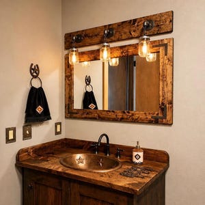 Handcrafted rustic wood framed mirror mounted on a bathroom vanity wall with a three mason jar vanity light fixture on top, featuring a distressed finish and natural wood grain for a farmhouse-style charm