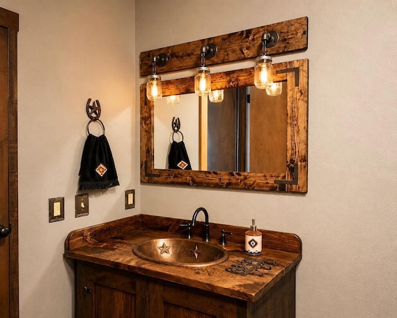 Rustic Bathroom Set : Distressed Mirror with 3 Mason Jar Light Fixture - Farmhouse Vanity Decor