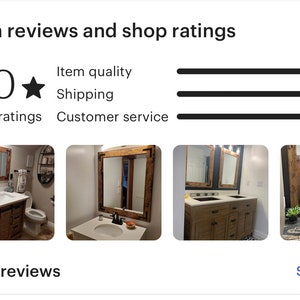 May include: Four images of a bathroom vanity with a rustic wood framed mirror. The vanity has a white countertop and a wooden cabinet with drawers. The mirror is framed with reclaimed wood and has a distressed finish. The vanity is in a bathroom with white walls and a white tile floor.