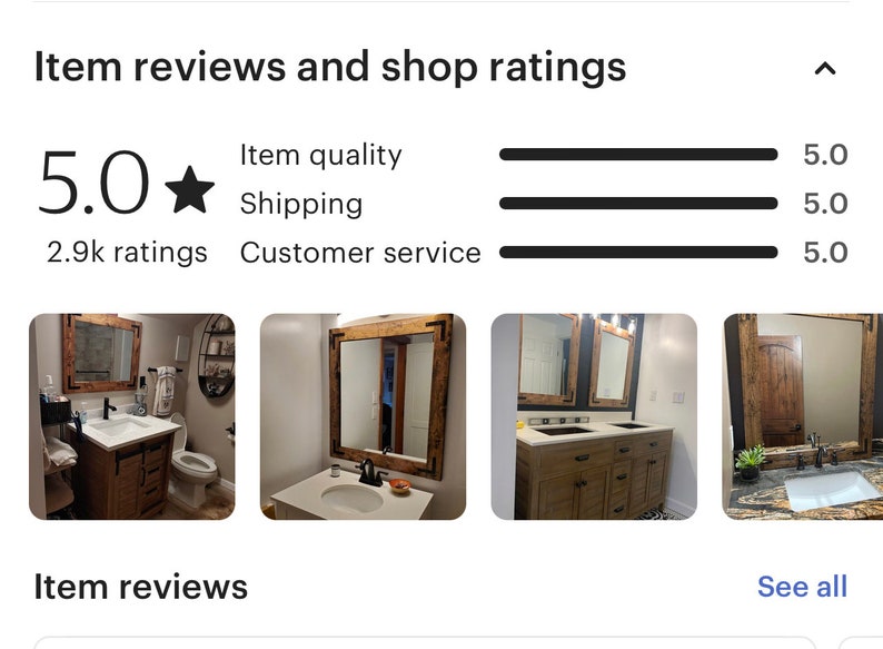 May include: Four images of a bathroom vanity with a rustic wood framed mirror. The vanity has a white countertop and a wooden cabinet with drawers. The mirror is framed with reclaimed wood and has a distressed finish. The vanity is in a bathroom with white walls and a white tile floor.