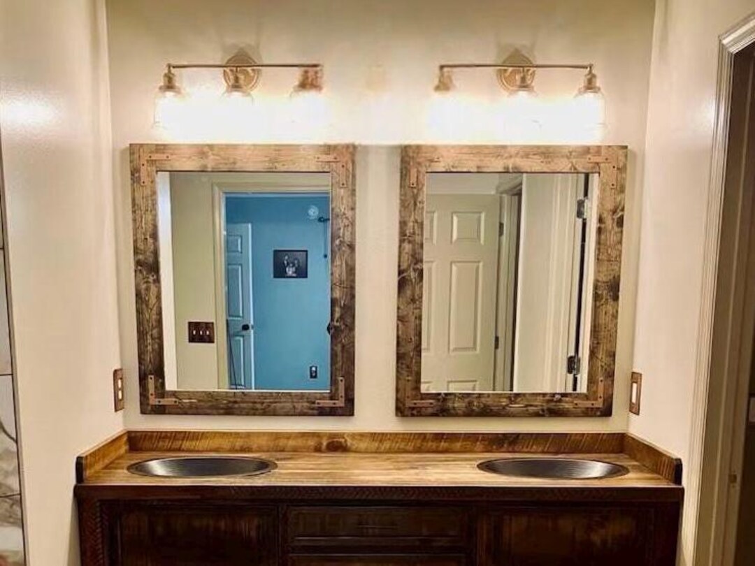 Rustic Farmhouse Wood Mirror, Distressed Wall Mirror With Metal ...