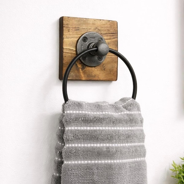 Rustic Distressed Wood Towel Ring: Handmade Industrial Bathroom Decor