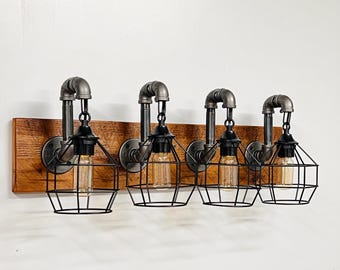 Reclaimed Wood Vanity Light Fixture – 4 Cage Industrial Wall Sconce | Rustic Farmhouse Bathroom Light