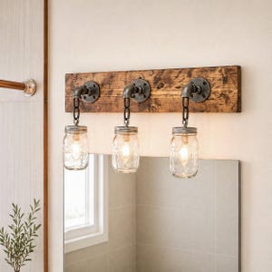 Rustic Mason Jar Vanity Light, Industrial Bathroom Wall Sconce, Custom Wood and Metal Finish