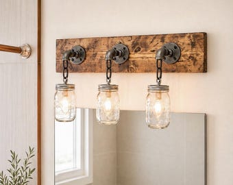 Rustic Mason Jar Vanity Light, Industrial Bathroom Wall Sconce, Custom Wood and Metal Finish