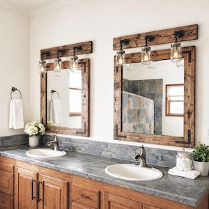 Rustic Bathroom Mirror with Mason Jar Light Fixture: Handmade Country Decor