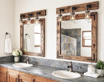 Rustic Bathroom Mirror with Mason Jar Light Fixture: Handmade Country Decor