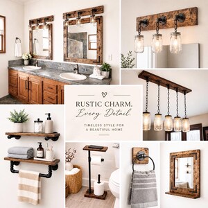 May include: A collage of rustic wood and metal bathroom accessories, including shelves, mirrors, towel racks, and hooks. The items are all made with reclaimed wood and industrial pipe fittings. The text "Lulight Shop" is visible in the center of the image.