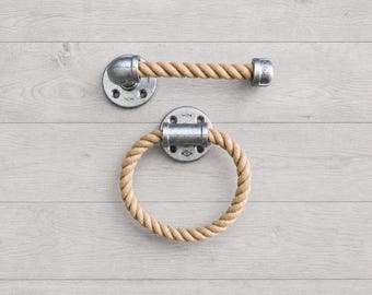 Rope Bathroom Set of 2 | Coastal Nautical Toilet Paper Holder & Towel Ring | Beach Decor, Rope Towel Ring, Farmhouse Bathroom Accessories