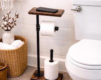 Toilet Paper Stand With Shelf and Extra Storage, 3 Rolls Paper Dispenser, Rustic Paper Holder, Industrial Pipe Wood Stand, Floor Stand TP