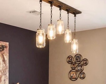 Farmhouse Light, Wood Chandelier, Mason Jar Light Fixture, Farm Light, Country Lighting, Ceiling Light Fixture, Mason Jar Ceiling Light