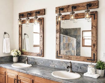 Conjunto de espejo y luz para baño, lámpara de tocador con tarro de cristal, conjunto de espejo rústico, lámpara colgante de pared, decoración rústica industrial de estilo campestre.