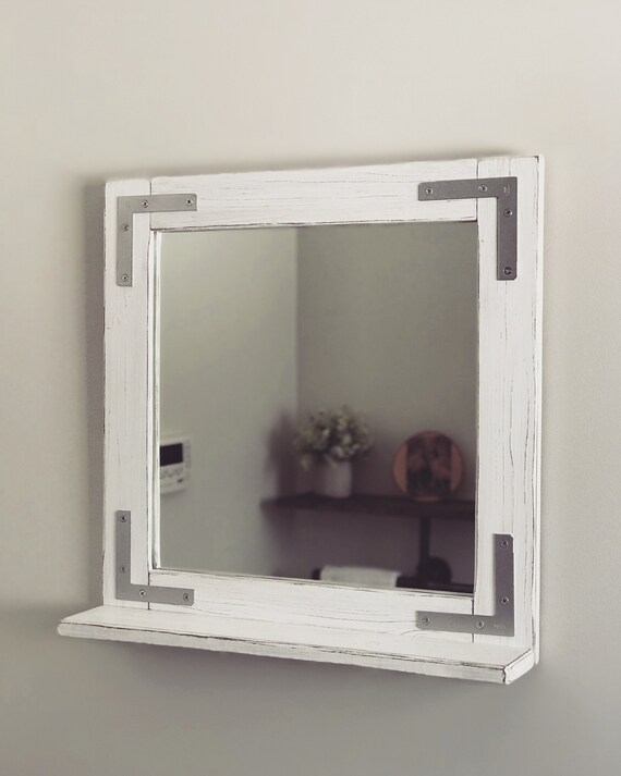 Whitewash Mirror With Shelf Wood Rustic White Framed Bathroom Vanity Farmhouse