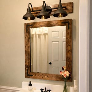 Handmade Rustic Wood Framed Mirror & 3-Shade Black Vanity Light Set
