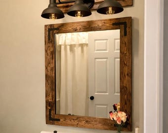 Handmade Rustic Wood Framed Mirror & 3-Shade Black Vanity Light Set