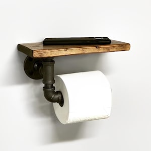 Rustic Toilet Paper Holder with Shelf, Industrial Wall Mounted TP with Shelf, Bathroom Storage, Bathroom Decor, Pipe Holder, Wood, Shelves