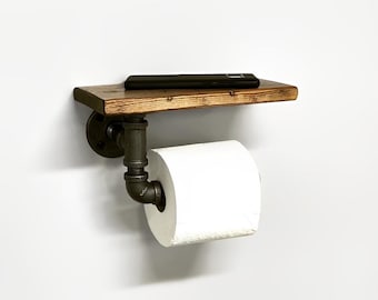 Rustic Toilet Paper Holder with Shelf, Industrial Wall Mounted TP with Shelf, Bathroom Storage, Bathroom Decor, Pipe Holder, Wood, Shelves