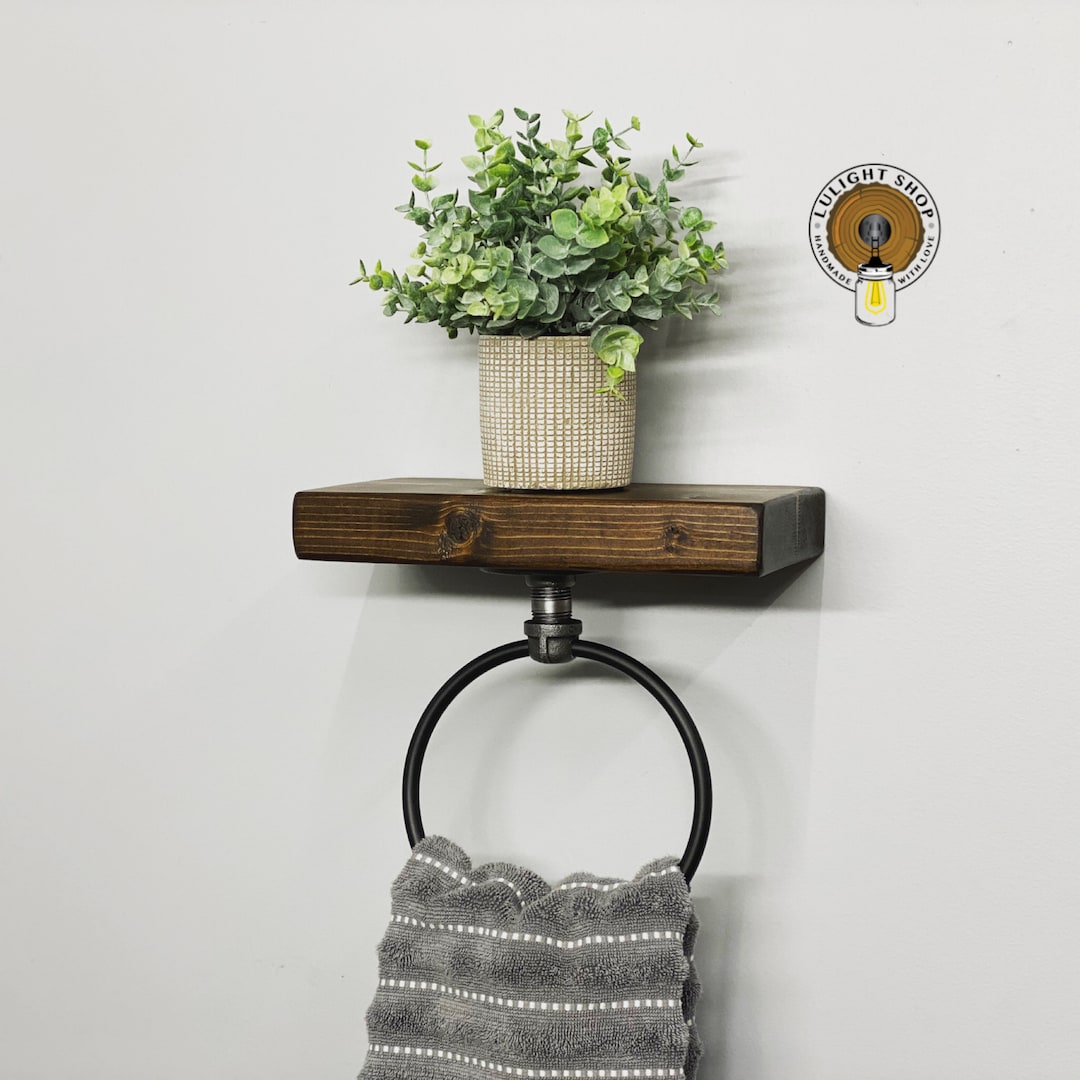 Hand Towel Ring Holder With Floating Shelf Farmhouse Bathroom Decor Pipe Industrial Rustic Wall Shelf Towel Holder Bathroom Storage Etsy