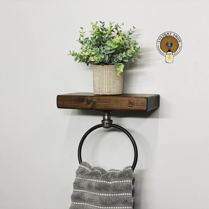 Hand Towel Ring Holder With Floating Shelf Farmhouse Bathroom Etsy