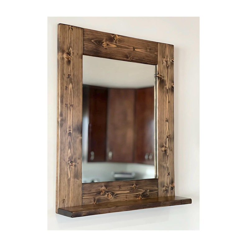 Espresso stain wood framed mirror with bottom shelf for extra storage, beautiful dark brown wood made by hand in USA