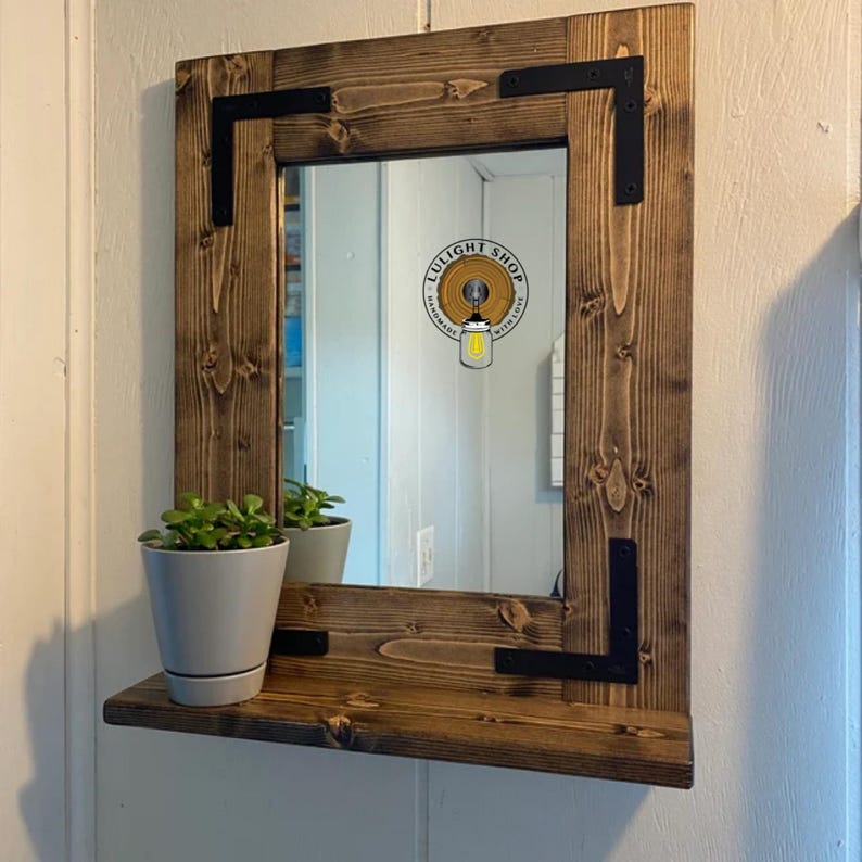 RUSTIC DISTRESSED Farmhouse Mirror with Shelf – Wood Framed Bathroom Wall Mirror – Custom Sizes Available image 13