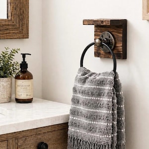 RUSTIC DISTRESSED Hand Towel Ring with Shelf, Towel Holder, Towel Ring on Wood, Bathroom Decor, Kitchen Towel Ring, Pipe Towel Ring, Gifts