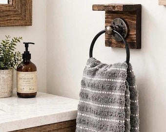RUSTIC DISTRESSED Hand Towel Ring with Shelf, Towel Holder, Towel Ring on Wood, Bathroom Decor, Kitchen Towel Ring, Pipe Towel Ring, Gifts
