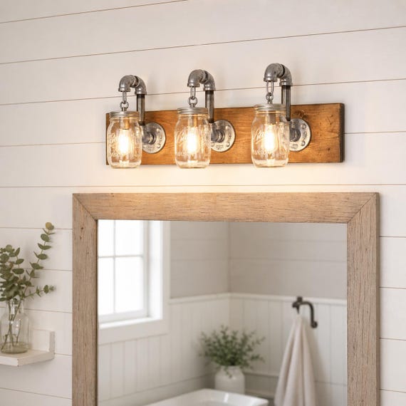 Rustic Mason Jar Bathroom Light: Farmhouse Vanity Lighting
