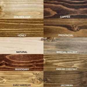 May include: A grid of ten wood stain samples labeled Golden Oak, Coffee, Honey, Provincial, Natural, Special Walnut, Mahogany, English Chestnut, Early American, and Jacobean. Each section displays the unique grain pattern and color of the wood.