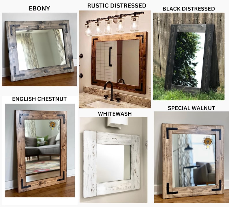 Puede incluir: Un collage de diez espejos con marco de madera en diferentes tonos de madera. Los estilos de espejo incluyen: &Eacute;bano, Distressed r&uacute;stico, Distressed negro, Casta&ntilde;o ingl&eacute;s, Blanqueado y Nogal especial.
