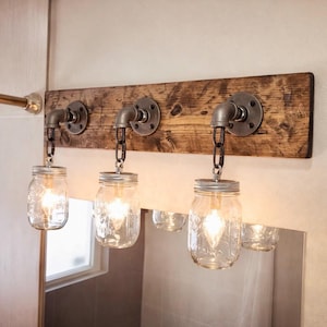 Rustic Mason Jar Vanity Light, Industrial Bathroom Wall Sconce, Custom Wood and Metal Finish