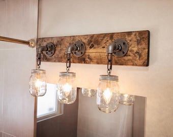 Rustic Mason Jar Vanity Light, Industrial Bathroom Wall Sconce, Custom Wood and Metal Finish
