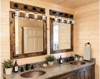 Rustic Bathroom Vanity Set with Mirror and 4 Mason Jars Light, Farmhouse Bathroom Decor, Handmade Wood Mirror, Custom Size Vanity Set