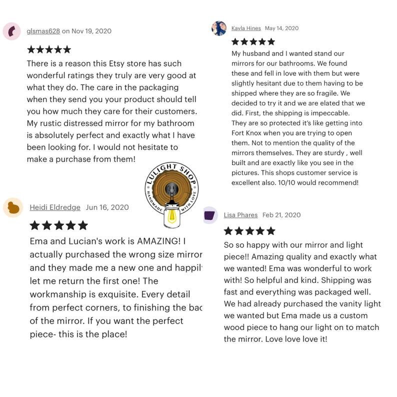 May include: A collection of four five-star customer reviews for an Etsy shop named Lulight Shop, featuring a circular logo with a wood grain background and a mason jar light bulb illustration, displayed alongside text testimonials about mirrors.