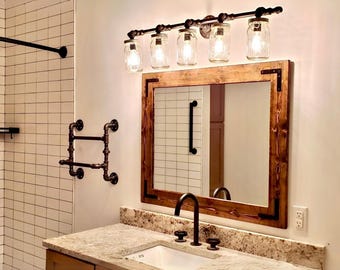 Espejo de baño, estilo rústico de granja con marco de madera natural, hecho a mano en EE. UU., espejo de pared para baño, espejo de tocador, decoración de entrada y pasillo, moderno.