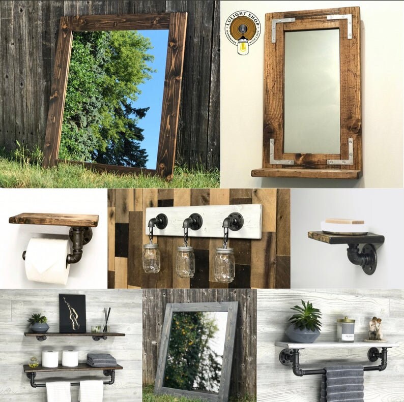 May include: A collage of images showcasing various rustic bathroom decor items, including mirrors, shelves, and towel racks made from reclaimed wood and industrial pipe fittings.
