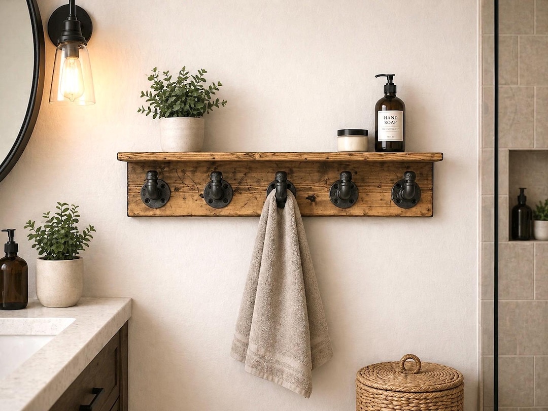 Rustic Wood Shelf With Hooks, Coat Rack, Towel Hooks, Entryway